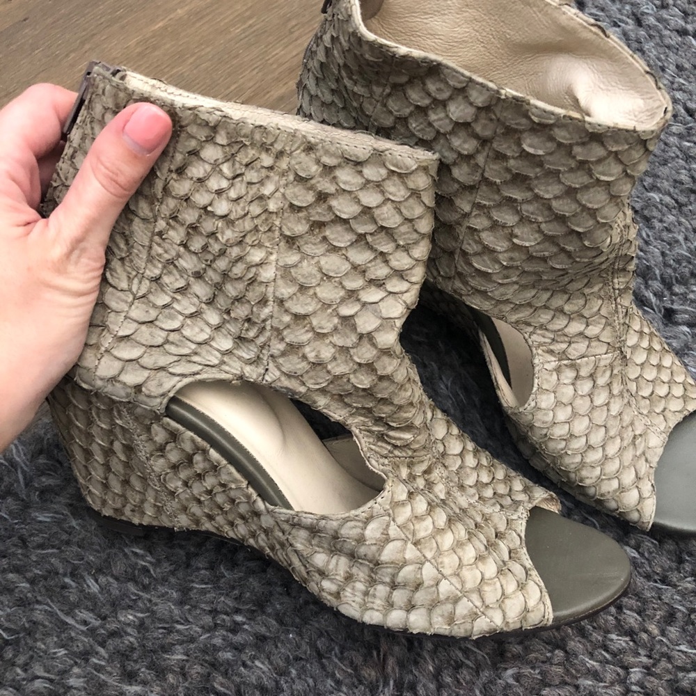 Gray snakeskin wedges by All Black